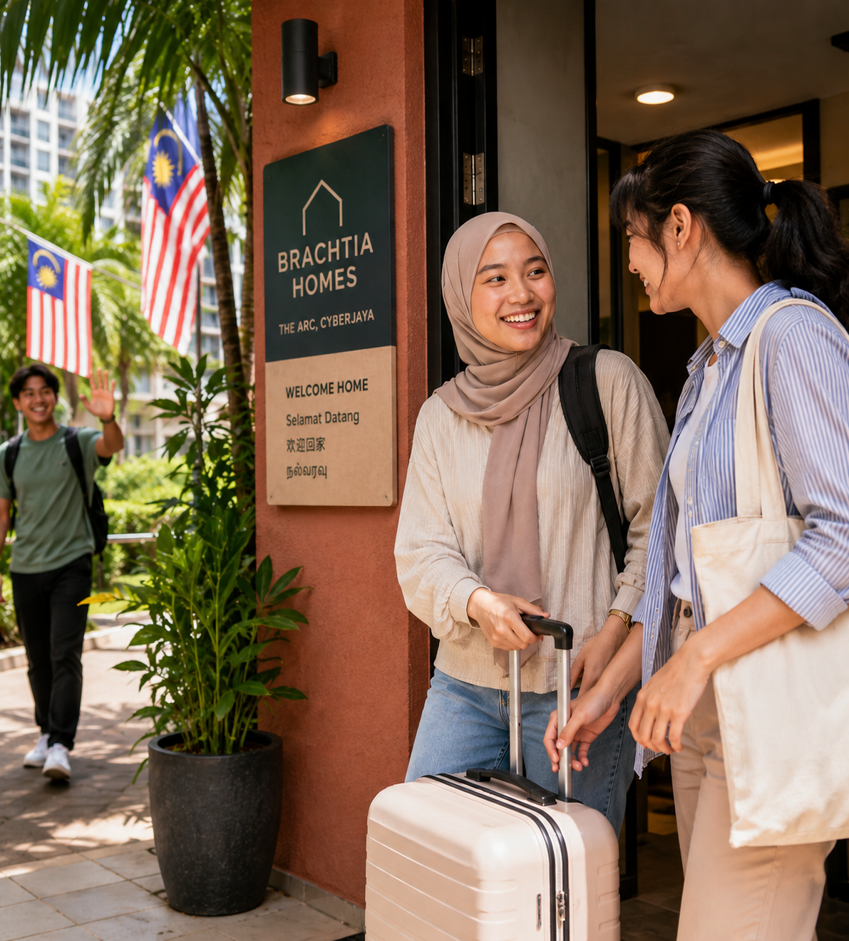 A student being welcomed at a Brachtia Homes residence while her parents wave goodbye